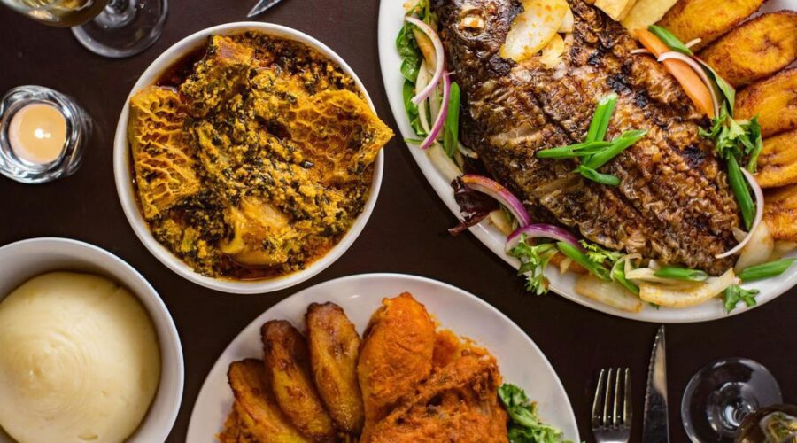 A vibrant assortment of diverse and flavorful African cuisines, artfully presented and elegantly served on various plates, showcasing the rich culinary traditions of the continent.