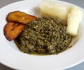 Congolese pondu served with plantains and cassava