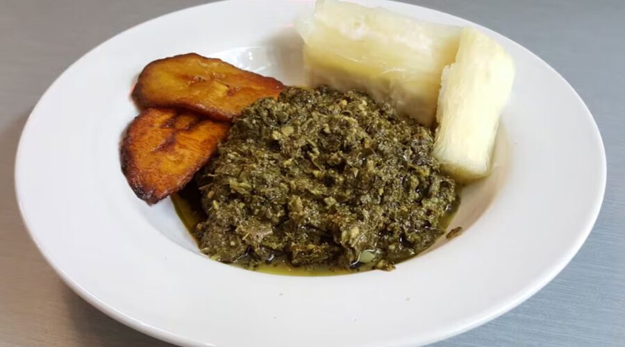 Congolese pondu served with plantains and cassava