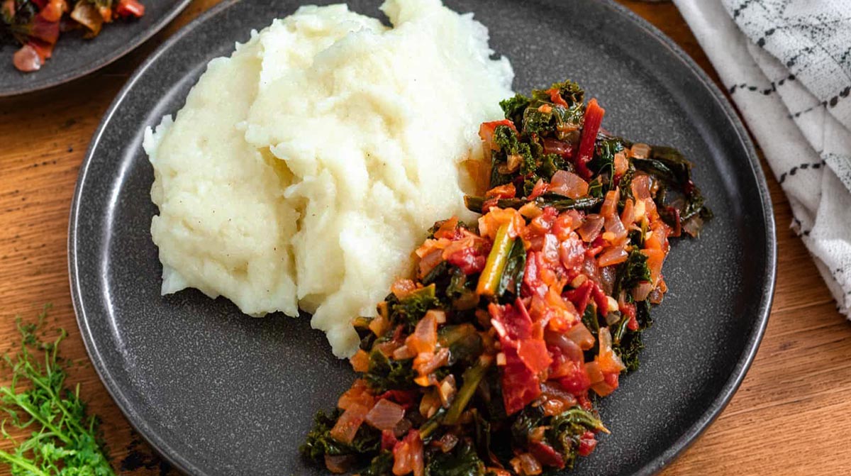 Malawian Nsima with Tomato-and-Greens Ndiwo
