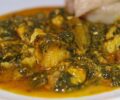 São Toméan fish and vegetable stew with okra, leafy greens, and red palm oil