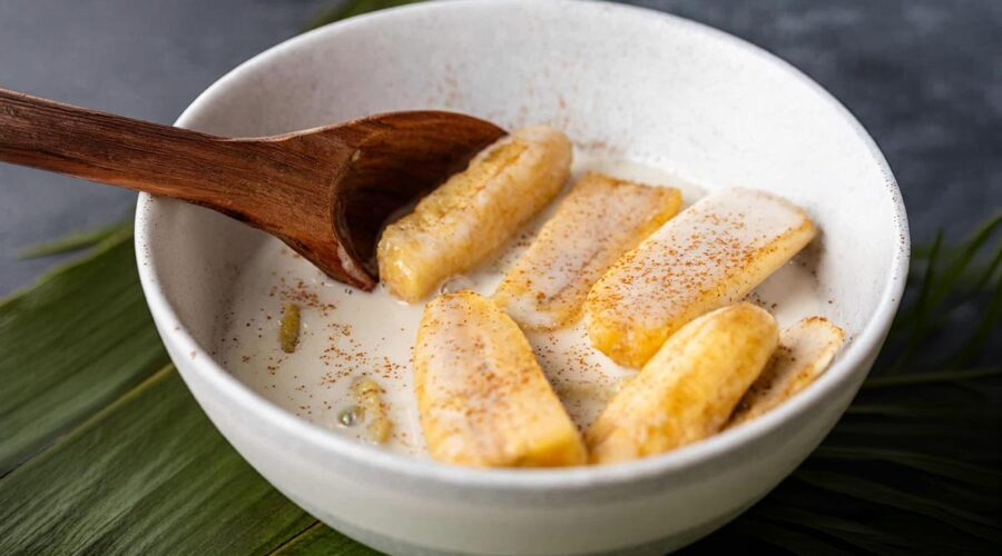 Ladob banane is ripe bananas gently simmered in sweet coconut milk with vanilla, cinnamon, and nutmeg